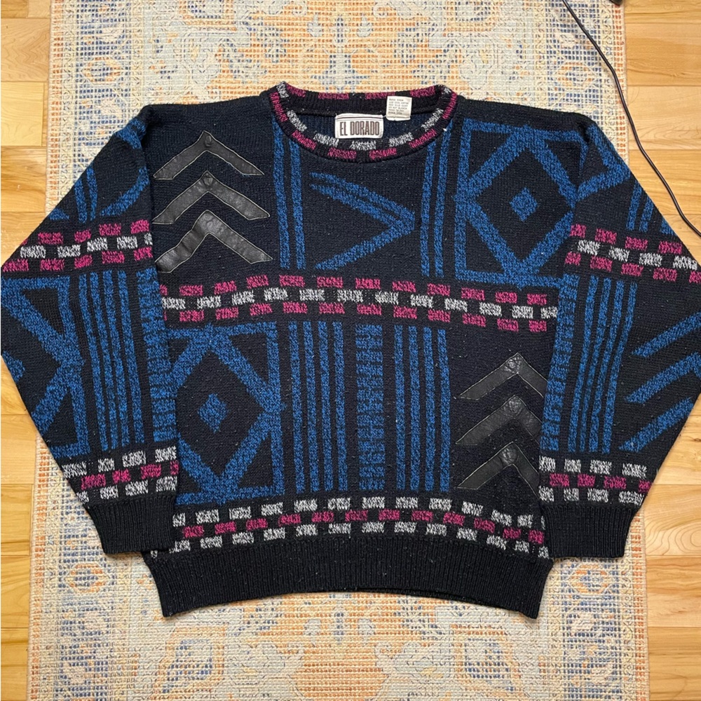 VTG El Dorado Sweater Acrylic Leather Patches Pink Black Blue Size Medium